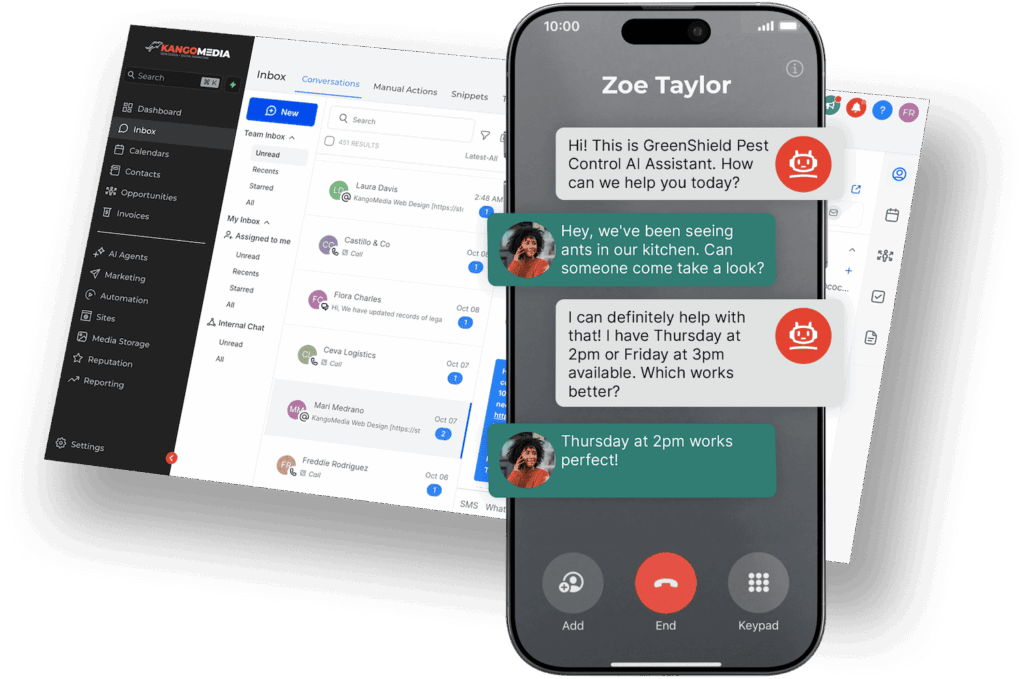 AI receptionist conversation interface showing automated call handling and appointment booking for local service business
