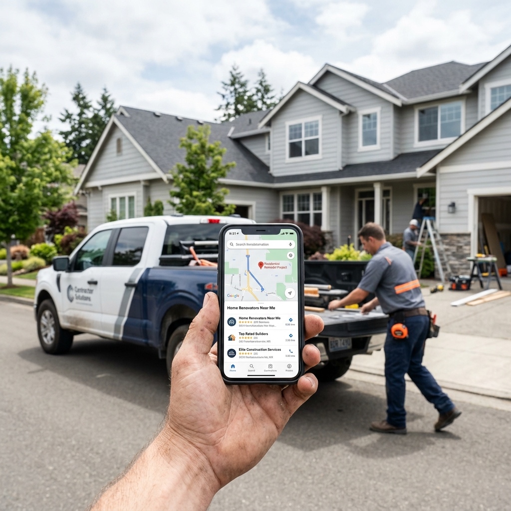 Contractor holding a smartphone displaying local search results in front of a work truck.