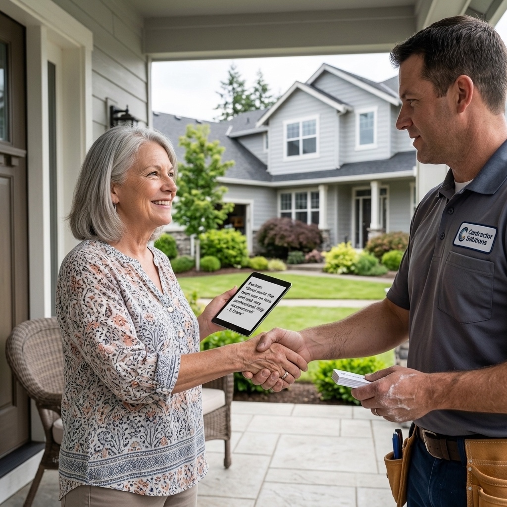 A contractor shaking hands with a smiling homeowner on the front porch of a house.